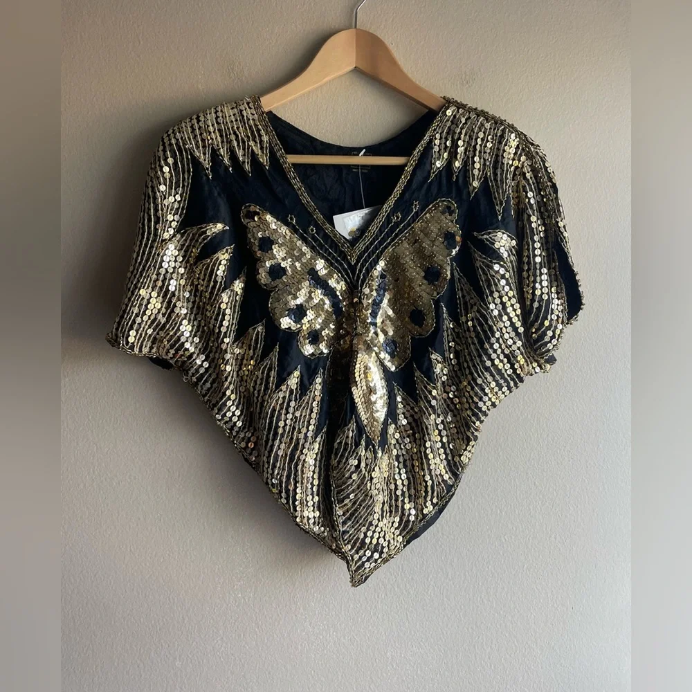 New Elegance Anujan 100% Silk Sequined Golden Butterfly Design Top Women Small - Picture 1 of 10